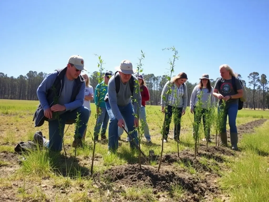 Volunteers planting native trees as part of a habitat restoration project organized by ASSOCIATION COMMUNALE DE CHASSE AGREEE DE BREZONS.