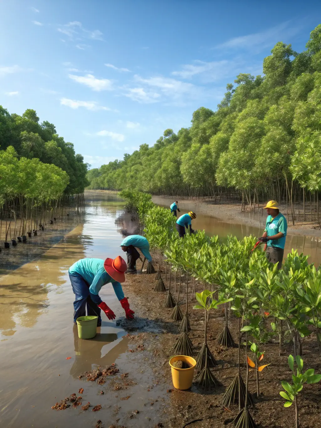 A vibrant image of volunteers planting native trees in a restored wetland area.