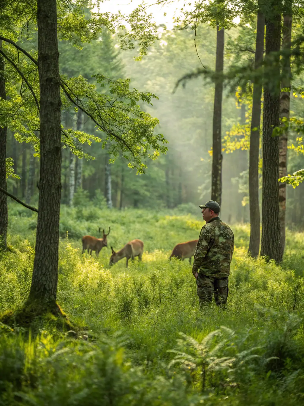A scenic image of a lush forest with wildlife, including deer and birds, illustrating habitat preservation efforts.